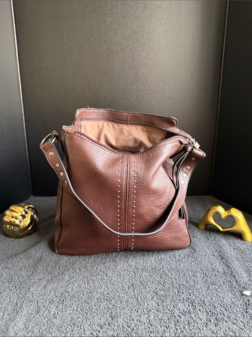 Brown Leather Studded Shoulder Bag - Women
